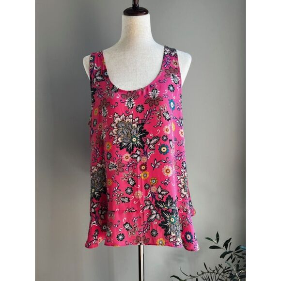 Loft Women's Sleeveless Round Neck Pink Mixed Floral Flounce Top - Picture 1 of 11